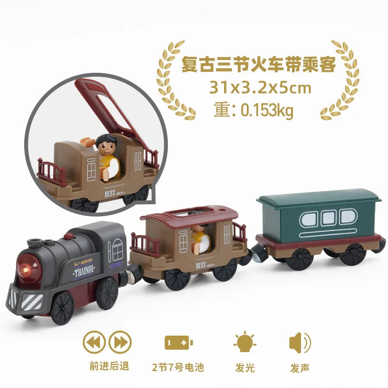 Hölzernes Elektroauto-Set Magnetischer Elektrozug mit kleiner Puppe Druckguss-Steckspielzeug-Set Kompatibel mit Eisenbahn-Holzschienenbahn