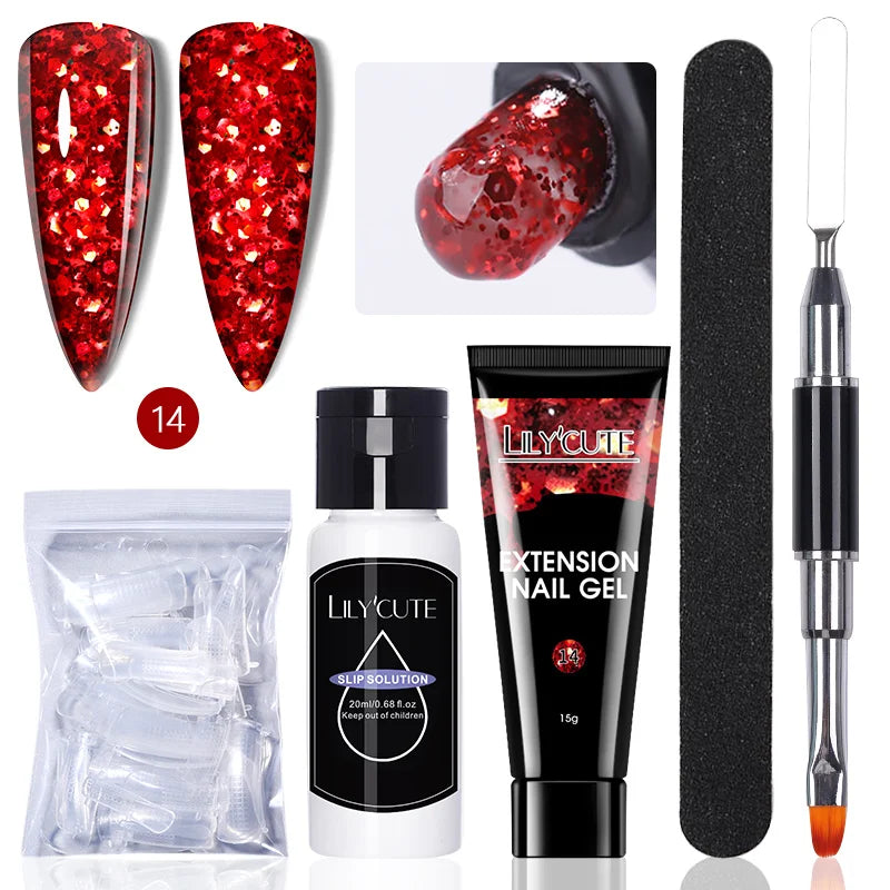 LILYCUTE 15ml Verlängerungsgel-Nagellack-Set Quick Nail Prolong mit Verlängerungsform-Nagelspitzen Acryl-Lösung Maniküre-Werkzeug-Kit