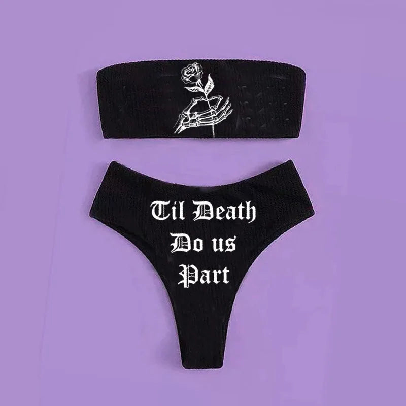 Gothic Bikini 2025 Damen Skelett Tube Top BH Triangel-Höschen Split Badeanzug Unterwäsche Y2K Bikinis Punk Bademode