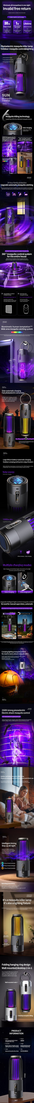2500V Solar-Mückenvernichter, solarbetrieben, Outdoor-Camping-Mückenlampe, 3-Stufen-Timersteuerung, Mückentöter