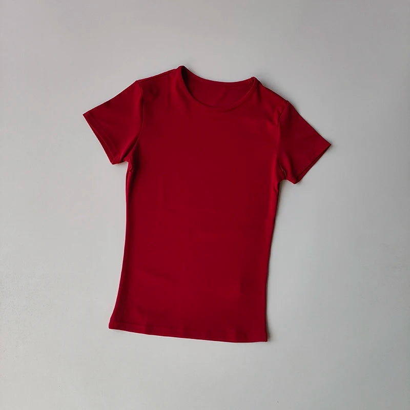 Hautenge, einfarbige Yoga-Kleidung für Damen: Schnelltrocknendes, elastisches, eng anliegendes T-Shirt, Fitness-Oberteil