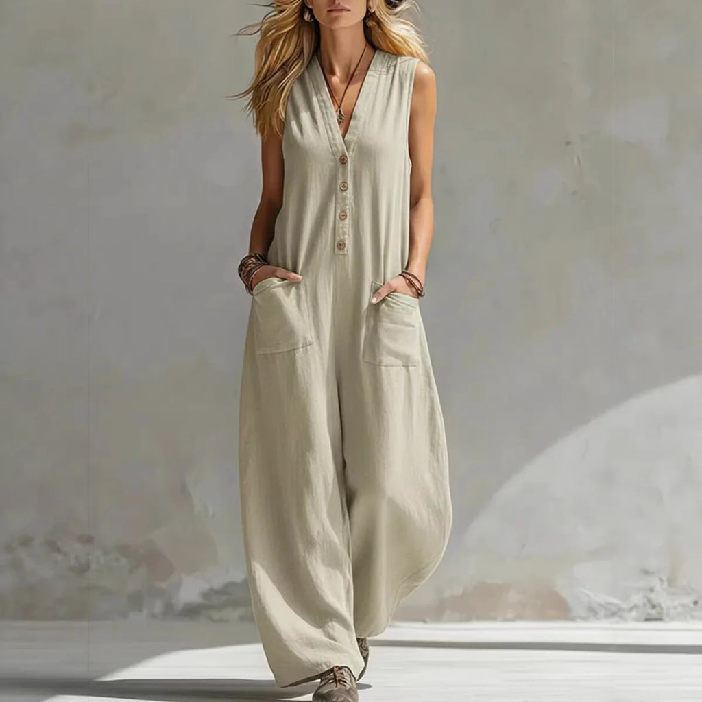 Jumpsuits Damen 2026 Playsuits Doppel-Taschen lässige Leinen-Baumwoll-Ärmellose lange Jumpsuits Damenbekleidung
