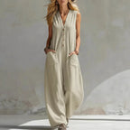 Jumpsuits Damen 2026 Playsuits Doppel-Taschen lässige Leinen-Baumwoll-Ärmellose lange Jumpsuits Damenbekleidung