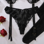 Women's Floral Embroidery Lingerie Sets Romantic Honey Bra Belt Panty 3PC with Gloves Stockings Seductive Sweet Star Underwear