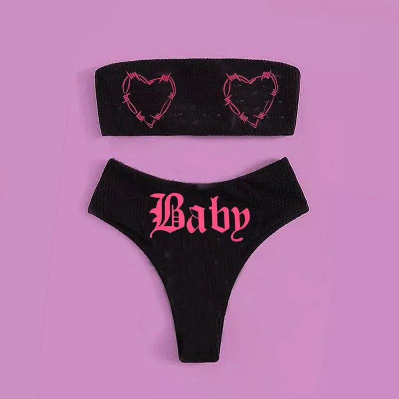 Gothic Bikini 2025 Damen Skelett Tube Top BH Triangel-Höschen Split Badeanzug Unterwäsche Y2K Bikinis Punk Bademode