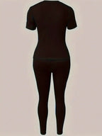 Zweiteiliges Set für Damen mit Paris-Druck, lässiges kurzärmliges T-Shirt mit Rundhalsausschnitt und enge Hose, langes Hosen-Set, Kollektion 2026