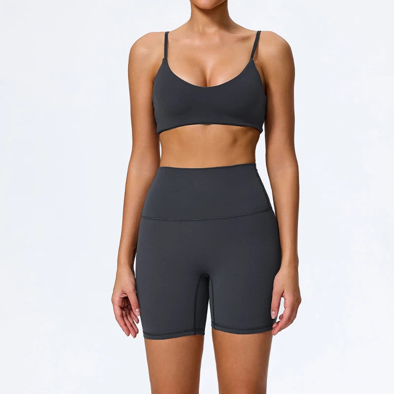 Hearuisavy Sommer Superweiches 2-teiliges Damen-Sportshorts-Set atmungsaktives Fitness-Yoga-BH Freizeit-Push-Up-Workout-Crop-Top