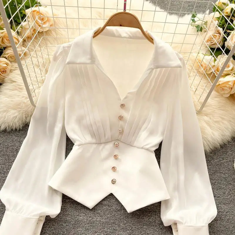 Weiße Freizeit Bluse mit Polokragen Knopfleiste Puffärmeln Geradem Schnitt für Damen Kurzarm Hemd Weibliche Kleidung Oberteile 2024 Mode