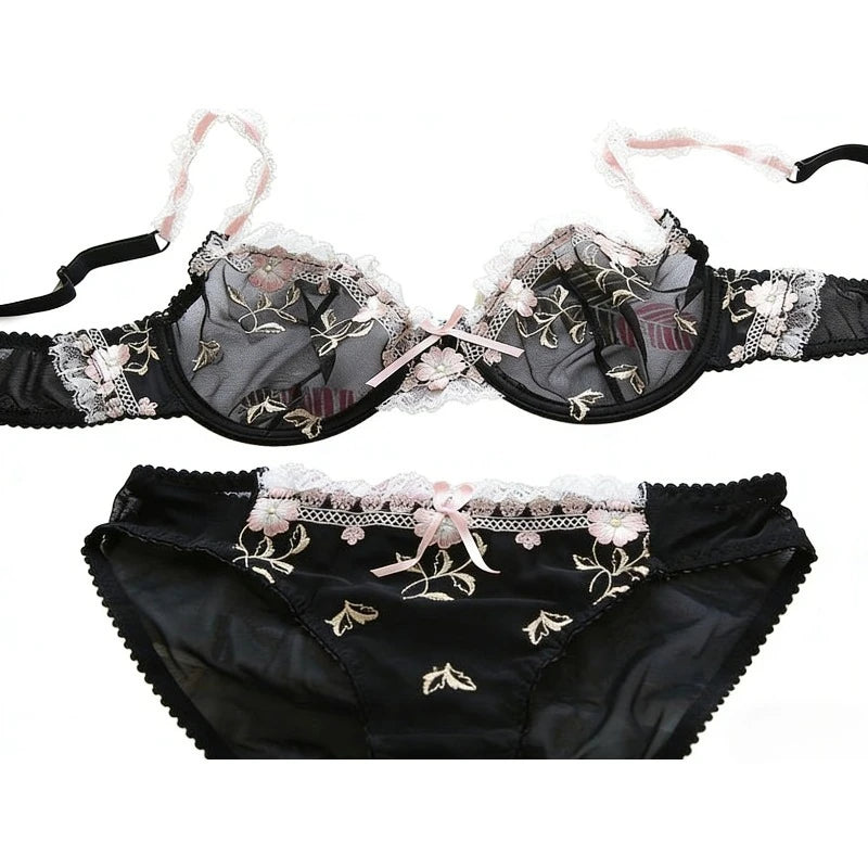 Französischer Minimizer-BH-Set | Große Größe, ungefüttert, Spitze, Halb-Cup, große Körbchen, dünn, Anti-Schwerkraft, transparenter Dessous-Set BANERDANNI BHs