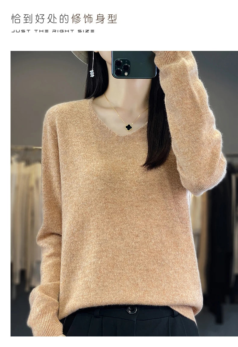 Damen 100% Merinowolle Pullover V-Ausschnitt Basic Pulli Herbst Winter Kaschmir Kleidung Langarm Weiche Strickware Oberteile Unifarben
