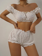Sexy Dessous Rüschen Blumenstickerei Damenunterwäsche Schulterfreies Sexy BH-Set Bequemes Baumwoll-Intimwäsche-Set