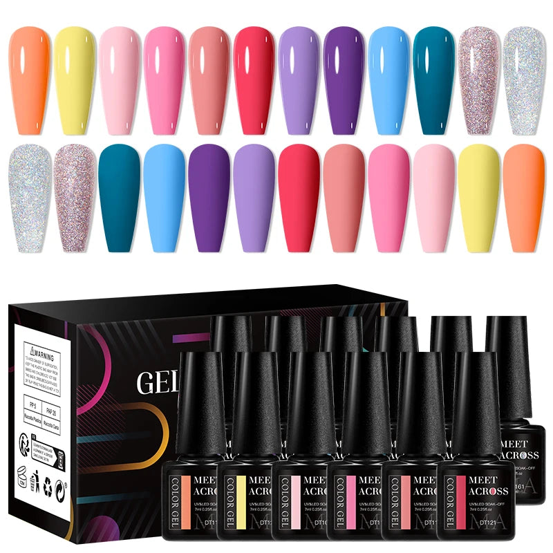 MEET ACROSS 12tlg/Set 7ml Macaron Gel Nagellack mit Box Semi-permanenter UV-Gel Soak Off Nail Art Kit Nagellack für Maniküre
