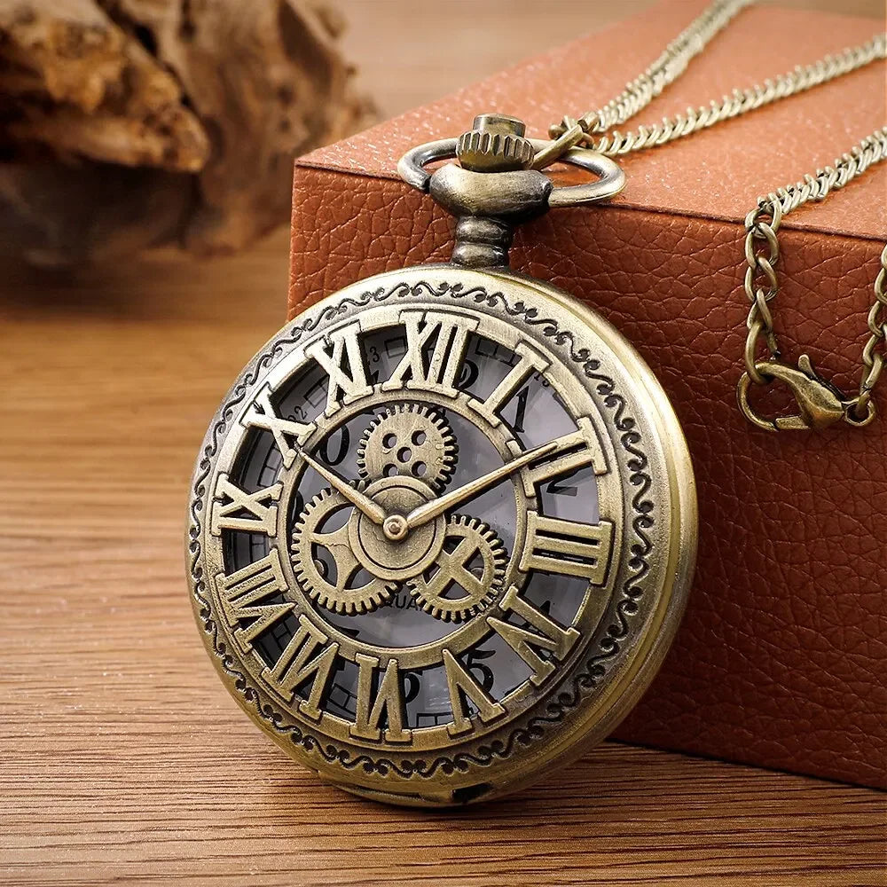 Antique Steampunk Vintage Roman Numerals Quartz Pocket Watch Bronze Case Necklace Pendant Clock Chain Mens Women Hauptbild