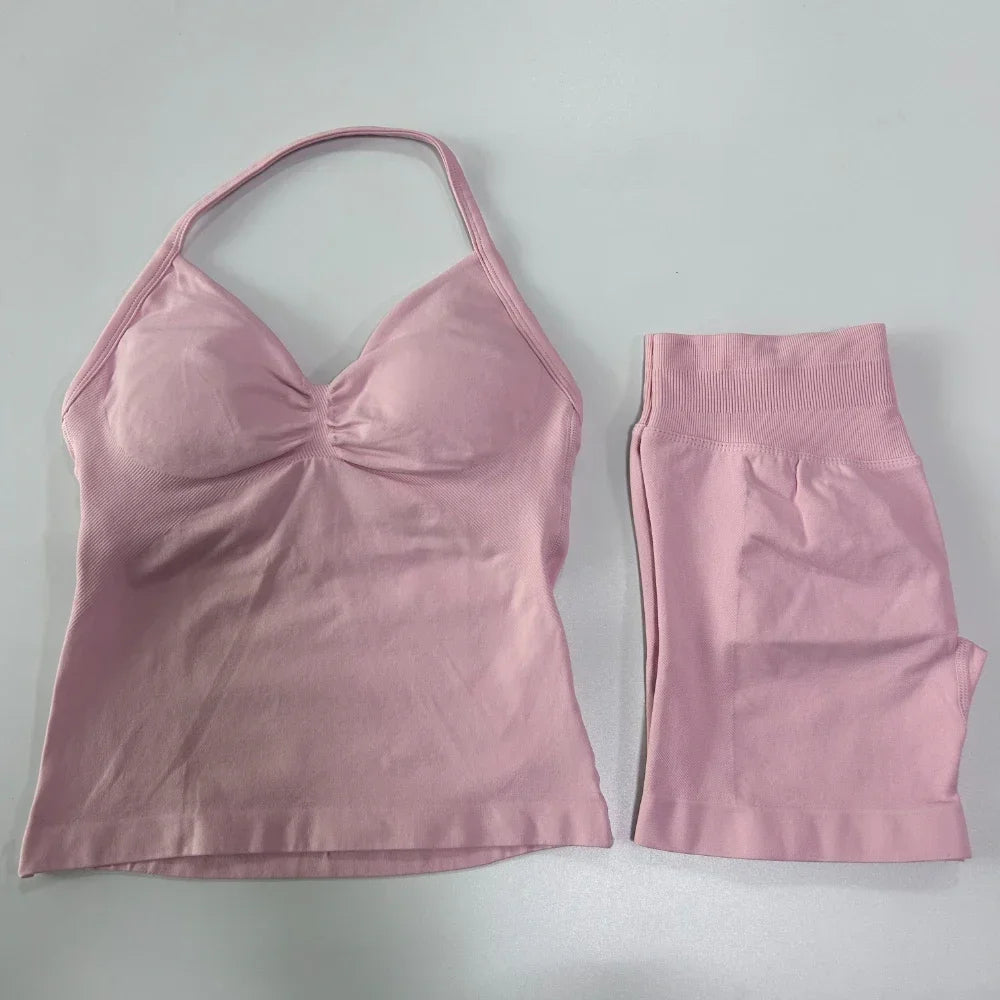 No Logo 2-teiliges Sportset Damen Rückenloses Tanktop Hohe Taille Scrunch Nahtlose Shorts Gym Set Sportbekleidung Workout Set Yoga