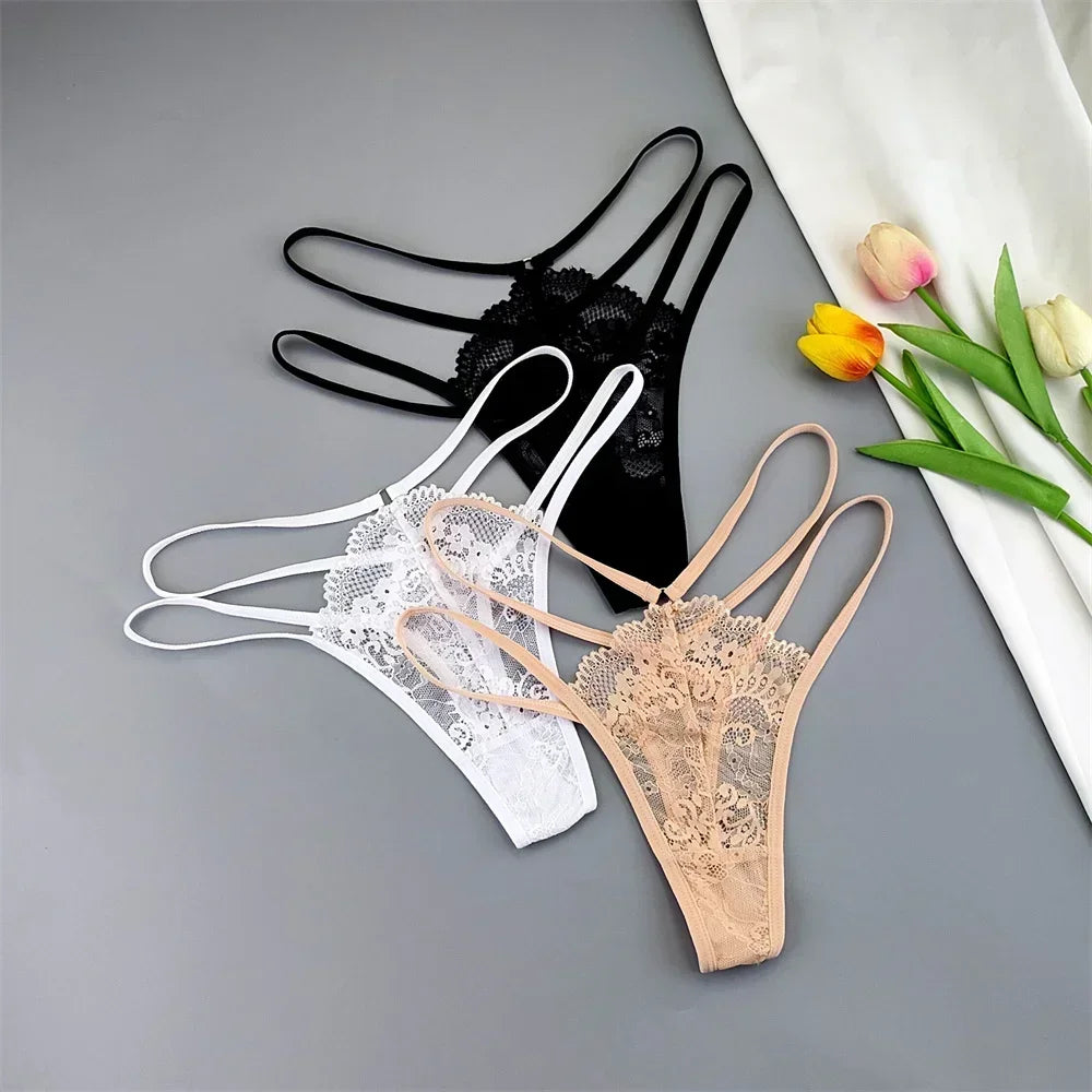 3 Stück Spitze Dünne Träger Tanga Frauen Tiefe Taille Sexy Perspektive Unterwäsche Damen Transparenter G-String Slip Plus Size T-Rücken
