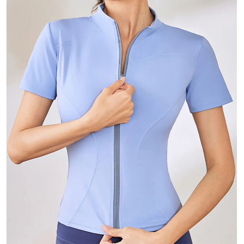 Slim Fit Kurzarm Yoga Shirt Damen Stehkragen Reißverschluss Jacke High End Lauf Sport Fitness Top