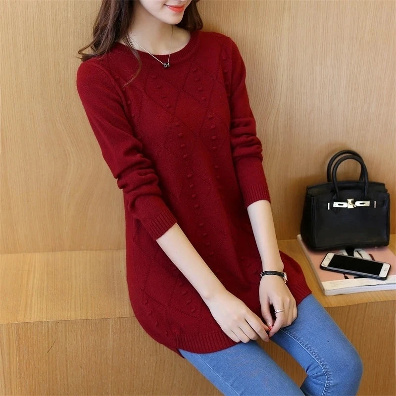 Strickpullover Herbst Winter Oberteile Rundhals Langarm Pullover Legere Warme Damenpullover Midi Lang Schmaler Pullover Mädchen