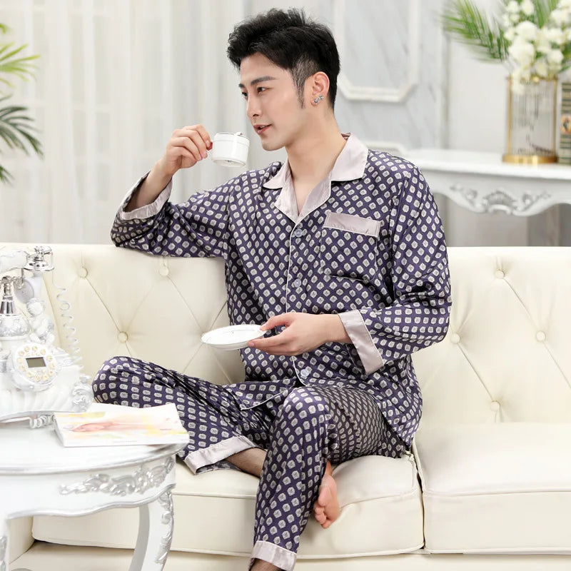 Hochwertiges Pyjama-Set Herren Frühling Herbst Dünn Polyester Eisseide Langarm Schlafanzug Übergröße Sommer Hauskleidung Männlich