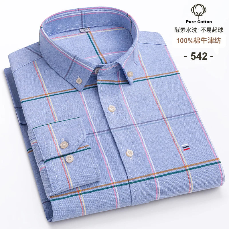 100 % Baumwolle Oxford Herrenhemden Langarm Kariert Weich Regular Fit Festliches Hemd Tasche Sozial Bluse Herrenkleidung S-7XL