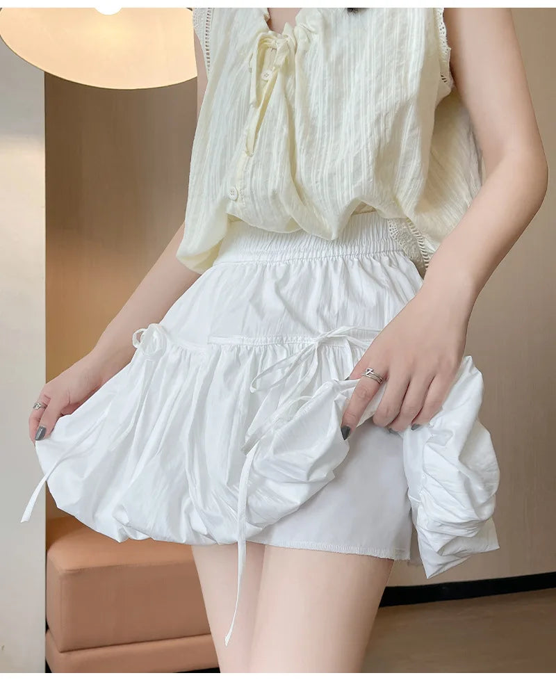 Süße Schleifen Plissierte Flauschige Röcke für Damen Sommer Koreanischer Stil Elastische Taille Laternenrock Damen Lockerer Weißer A-Linien Minirock