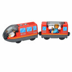 Magnetischer elektrischer Zug Lokomotive Holzeisenbahn Schlitz Diecast Eisenbahn mit zwei Waggons Zug Holz Kinderspielzeug Biro Leduo Strecke