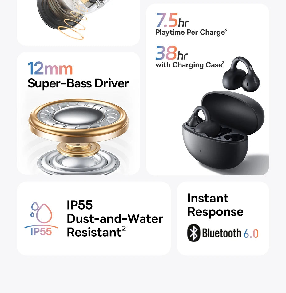Baseus BC1 Ear-Clip-Ohrhörer Open-Ear Drahtlose Kopfhörer Bluetooth 6.0 Clip-On Sport-Kopfhörer 4 Mikrofone Super Bass IP55 Ohrstöpsel
