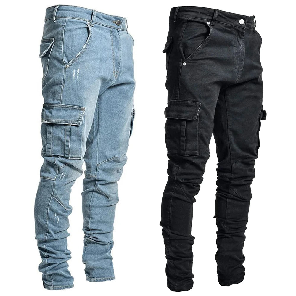 Street Elastic Jeans Herren Denim Cargo Hose Waschung Unifarbe Multi Taschen Casual Mid Waist Hose Slim Fit Daily Wear Joggers Hauptbild