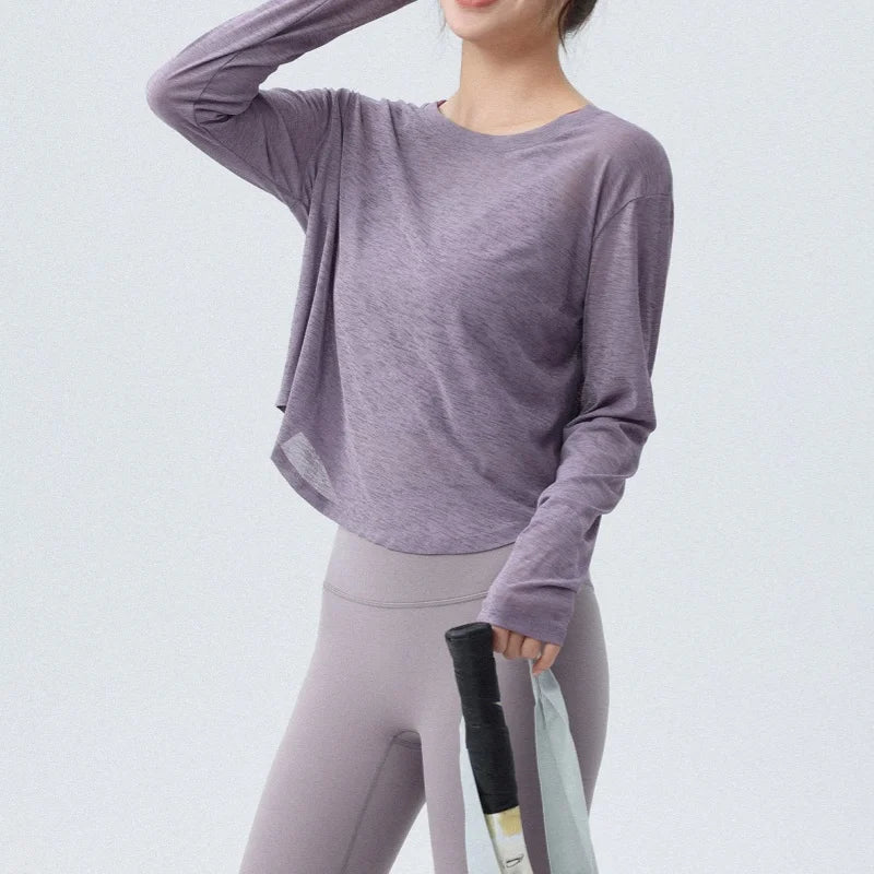 DRUR Damen Langarm Yoga T-Shirts, lockere Passform Sport Fitness Crop Tops lässig leichtes dünnes Shirt für Fitnessstudio Straße Reisen