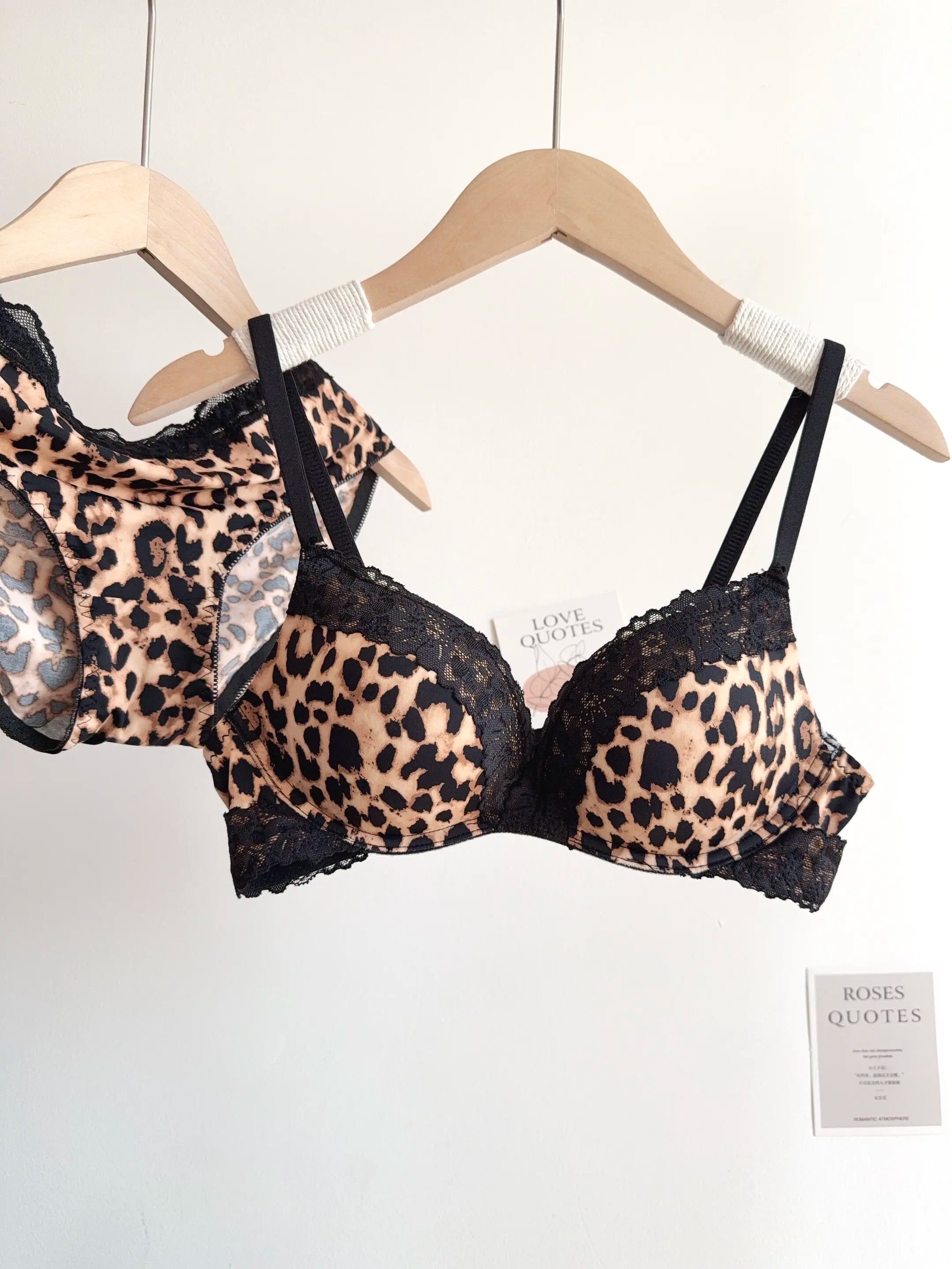Sexy Leopard-Print-Dessous-Set für Damen, kabellos, unsichtbarer Push-Up für kleine Brüste, verstellbares A-bis-C-Körbchen, transparenter, reiner Spitzen-Look, S-XL