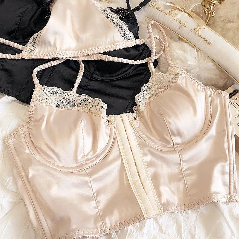 Sommer Damen Dessous Set Französisches Sexy Spitzen-Ultra-Dünn-BH-Set Seidenstoff Komfort Verstellbare Träger Bralette Strings Unterwäsche-Set