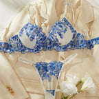 Blaues Dessous-Set Spitze Stickerei BH Panty 2-teilig Transparenter Tüll Fantasy Unterwäsche für Damen