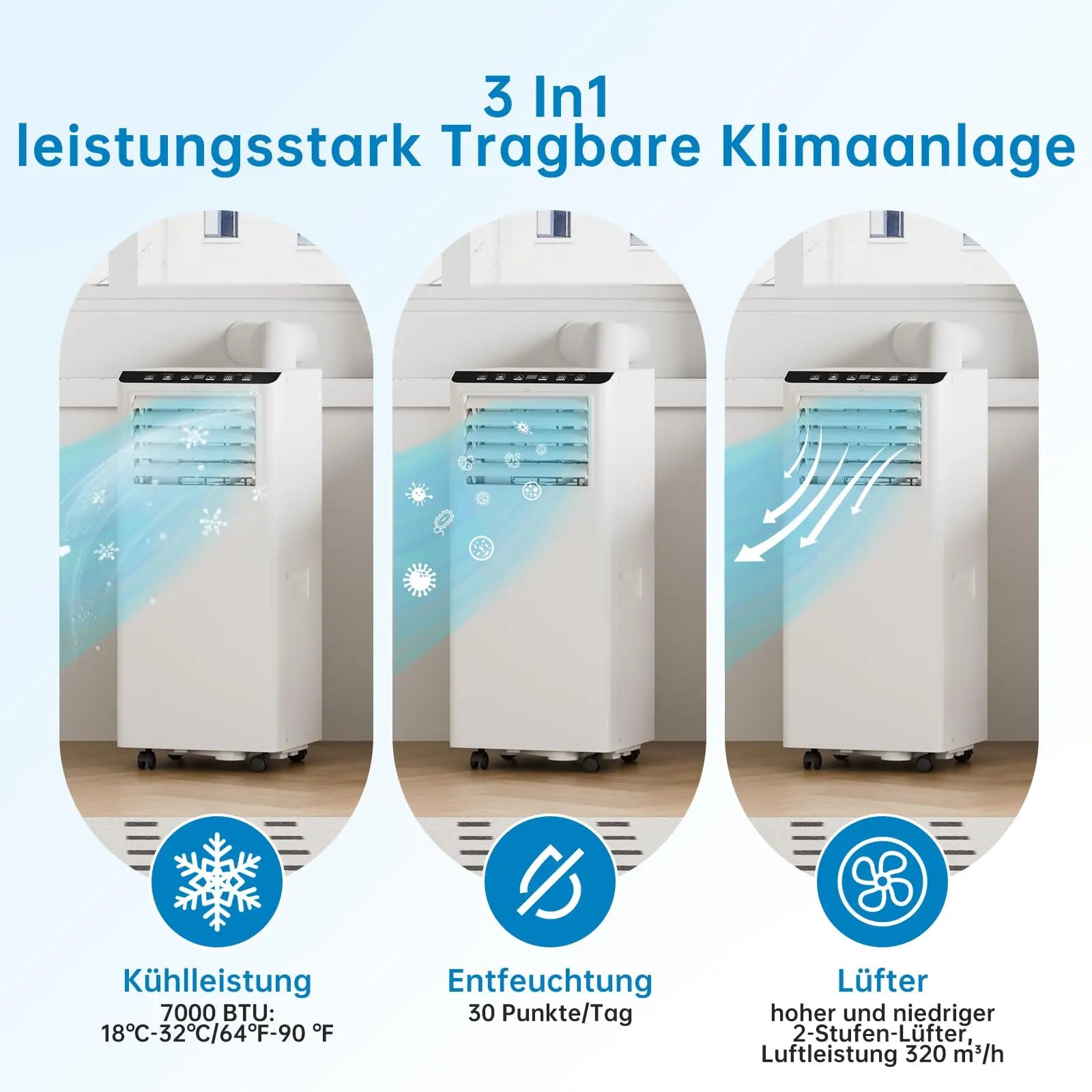 7000 BTU mobile Klimaanlage, 3-in-1 Kühlentfeuchter & Ventilator, 2 Geschwindigkeiten, keine externe Einheit, leise für Räume bis 30 m² Zweitbild