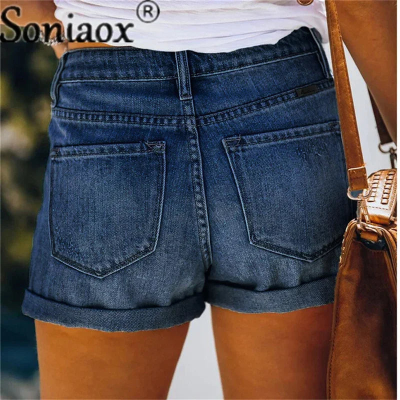 2024 Sommer neue Damen-Crimp-Knopfleiste Stretch Sexy Loch Jeans-Shorts High Waist Skinny Streetwear Trendige Ripped Denim-Shorts