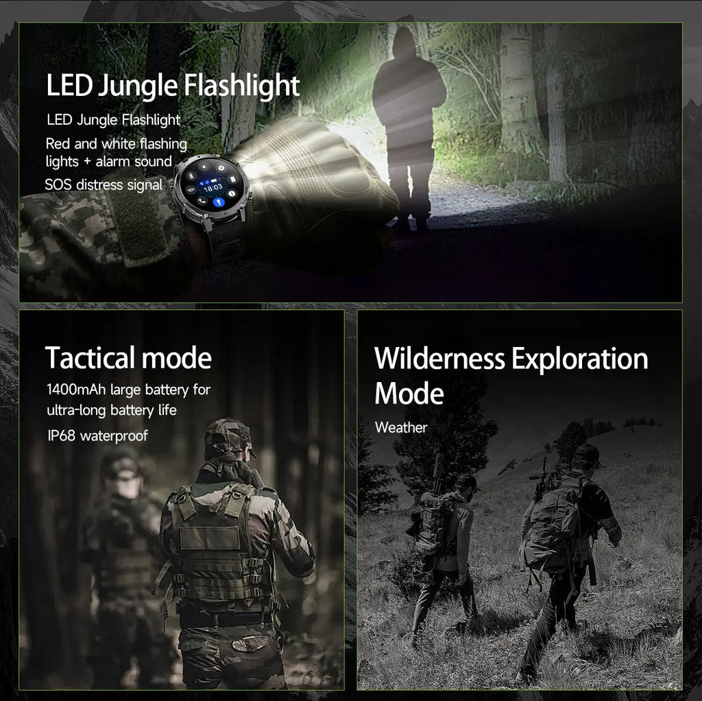 2026 Neue TANK Ultra 1400mAh Akku Militär Smartwatch 10ATM Wasserdicht Herzfrequenz Taktische LED Taschenlampe Herren Sportarmband