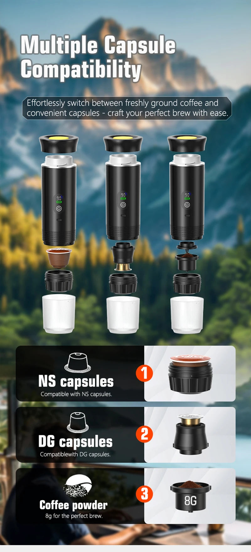 DENOKIN Tragbare Espresso-Kaffeemaschine mit Digitalanzeige, 3-in-1 Kapsel-Kaffeemaschine für Auto & Zuhause, Camping-Kaffeemaschine