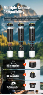 DENOKIN Tragbare Espresso-Kaffeemaschine mit Digitalanzeige, 3-in-1 Kapsel-Kaffeemaschine für Auto & Zuhause, Camping-Kaffeemaschine