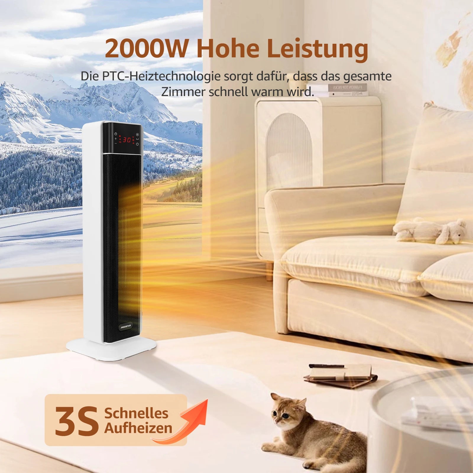 Aigostar Energiespar-Heizlüfter mit Thermostat, 2000W PTC Keramik-Heizlüfter mit Fernbedienung, 70° Oszillation, 4 Modi