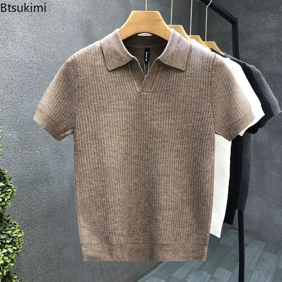 2026 Herren Sommer Poloshirt Koreanischer Stil Slim Fit Knitterarm Kragen Unifarben T-Shirts Freizeit Dünne Ärmel Trendige Strickoberteile