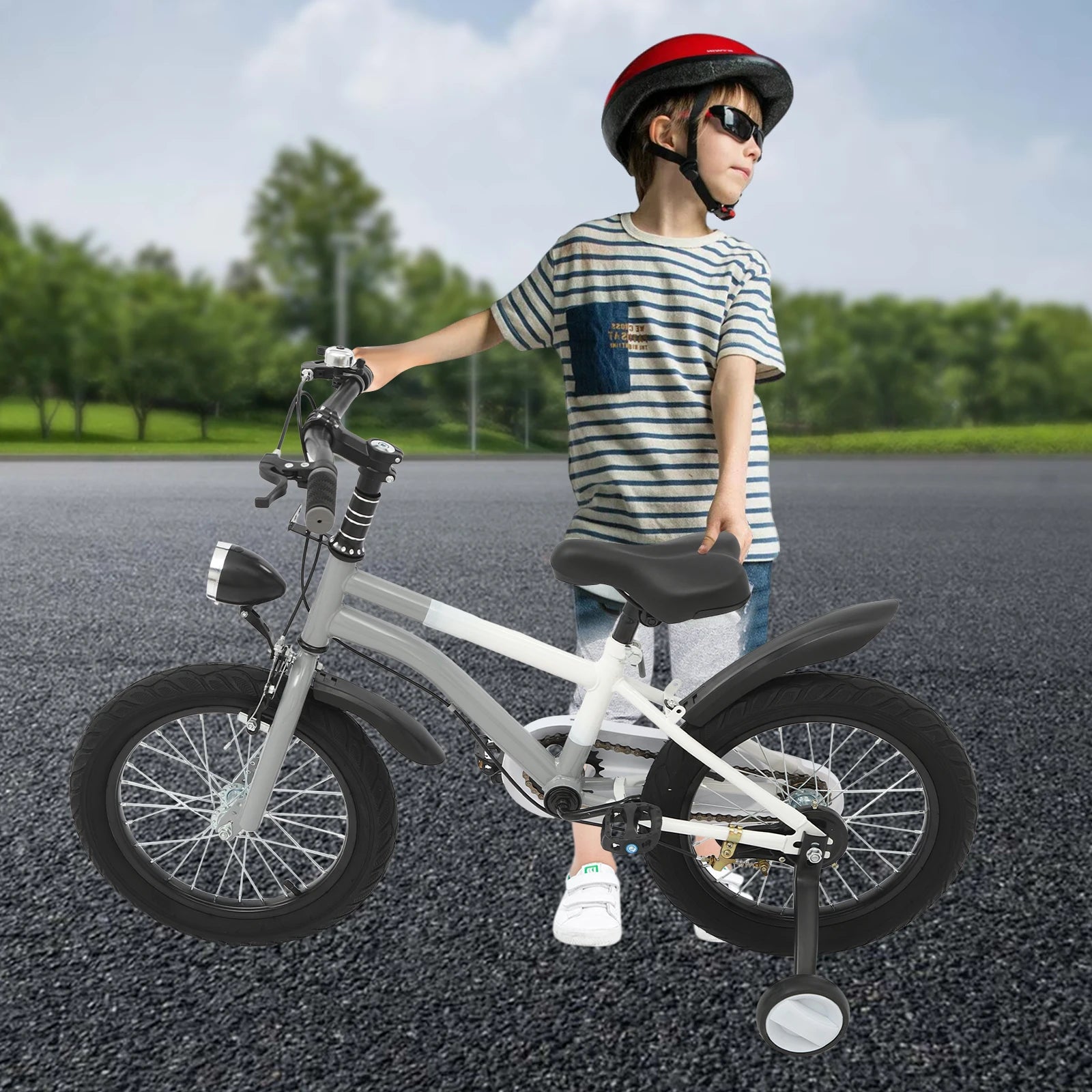 16 Zoll Kinderfahrrad Carbonstahl Mountainbike mit Stützrädern & LED-Licht für 5-8 Jahre, Höhenverstellbar, 60kg