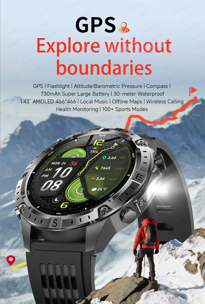 GPS Smart Watch for Men 2G ROM GPS Offline Maps Waterproof Swim Hiking Fitness Tracker Sleep SpO2 Rugged Durable Smartwatch GPS