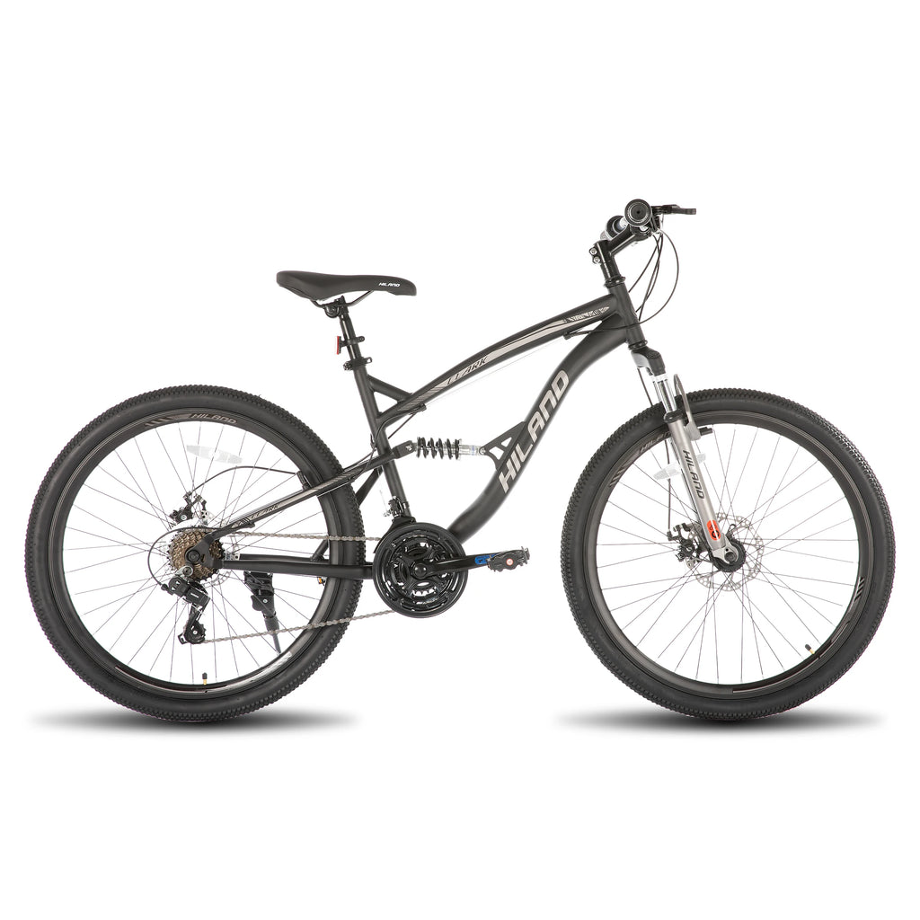 Hiland Mountainbike mit Vollfederung für Herren, 21 Gänge, 26 Zoll Laufrad, Scheibenbremsen vorne und hinten, für Herren, Damen, Erwachsene