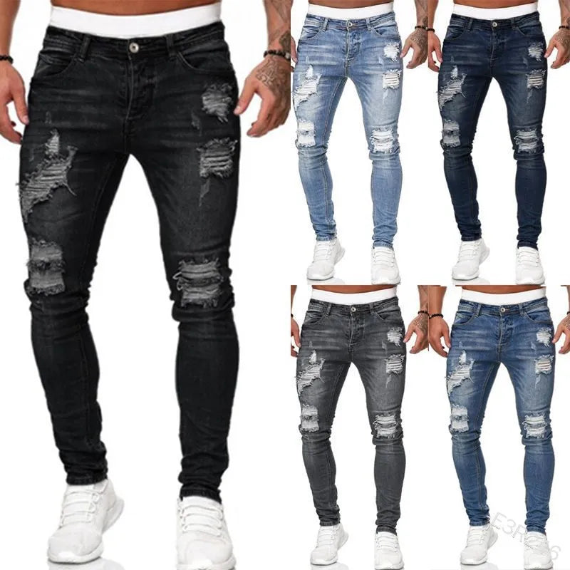 Fashion Street Style Zerrissene Skinny Jeans Herren Vintage Washed Unifarbene Denim Hose Herren Freizeit Slim Fit Bleistift Denim Hose Hot Sale Hauptbild