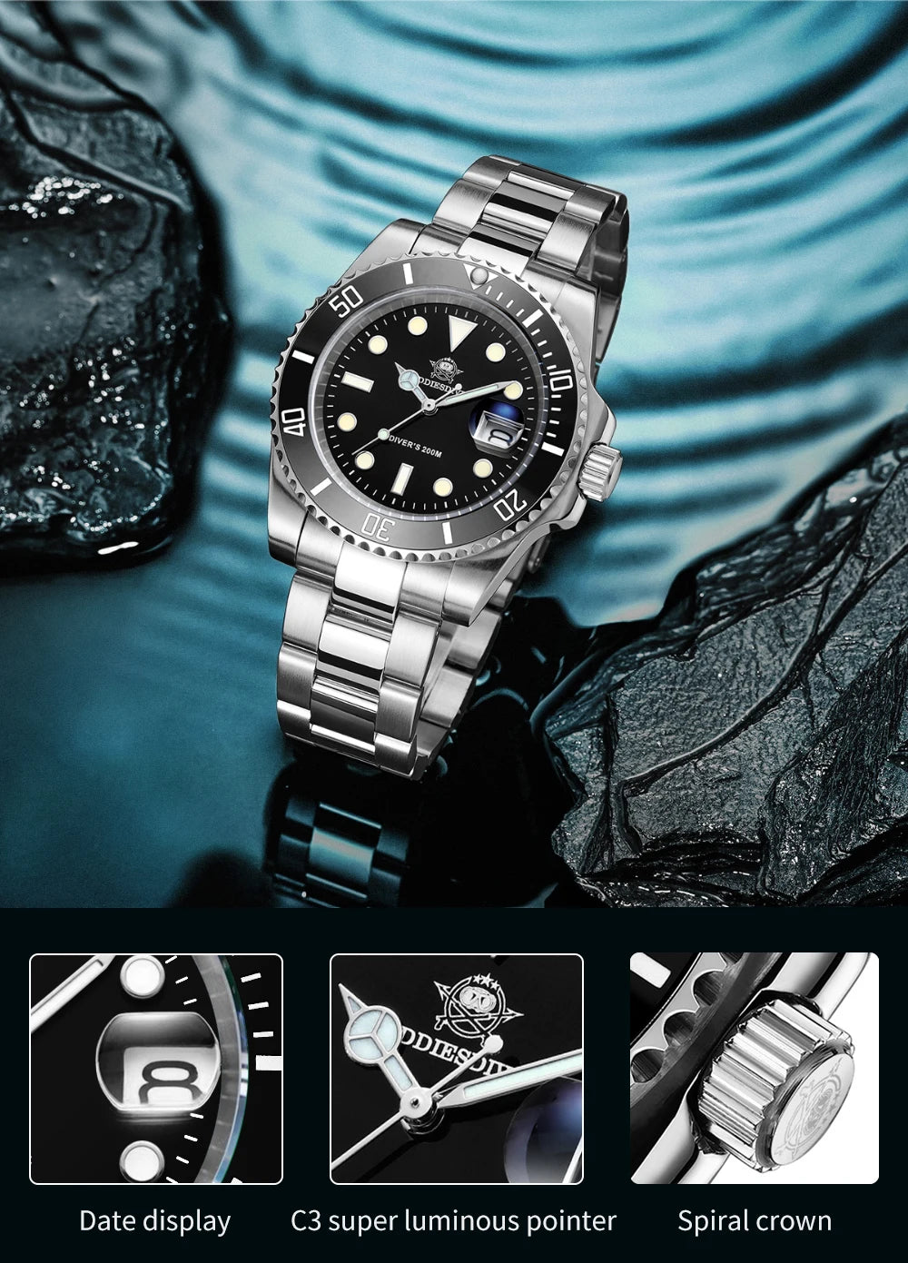 ADDIESDIVE Herren-Uhr klassisch mit Keramiklünette 200m wasserdicht Freizeit Quarz-Uhr BGW9 Blaue Leuchtzeiger Geschenk-Uhr MY-H3-2