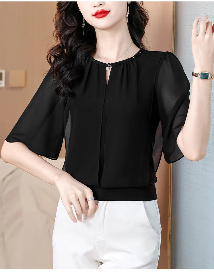 Sommerkleidung Halbarm-Chiffonbluse 2025 Neue Mode Loose Damen Tops Einfarbige Freizeit-Pullover-Shirts