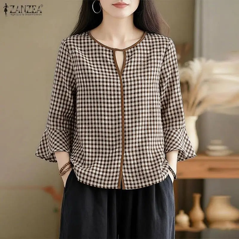 ZANZEA Damen Sommer Plaid Patchwork Bluse 3/4 Glockenärmel Cut Out Tops Lässiges lockeres Hemd Retro Chemise Damen Arbeitsblusen
