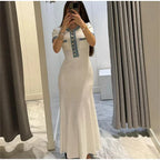 Elegantes, kontrastierendes, gestricktes Maxi-Kleid für Damen, schickes O-Ausschnitt-Kurzarmkleid mit Metallknöpfen, figurbetonte Kleider, Büro-Lady-Pendlerrobe