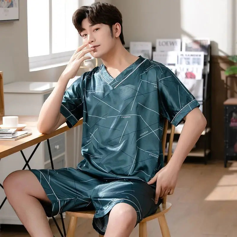 Pyjama Herren Eis Seide Dünn Kurzarm Zweiteiler Koreanische Version des lockeren Herren-Hausanzugs in Übergröße mit Buchstaben Hauptbild