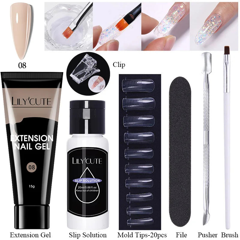 LILYCUTE 15ml Verlängerungsgel-Nagellack-Set Quick Nail Prolong mit Verlängerungsform-Nagelspitzen Acryl-Lösung Maniküre-Werkzeug-Kit