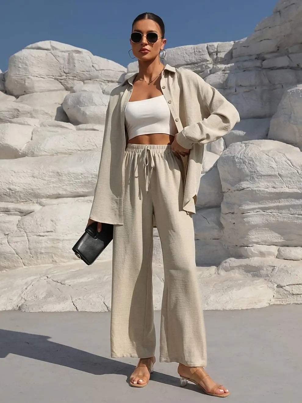 Große Größen Casual Locker Zweiteiler Weites Bein Hose Langarmshirt Hellbeige Street Style Elegant Qualität Polyester Somm...