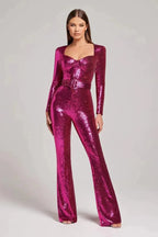 Damen-Jumpsuits Pailletten Einteiler Bodenlang Hosen-Overalls Lange Ärmel Bodycon Party-Nacht-Strampler Spleiß Hohe Taille Gürtel